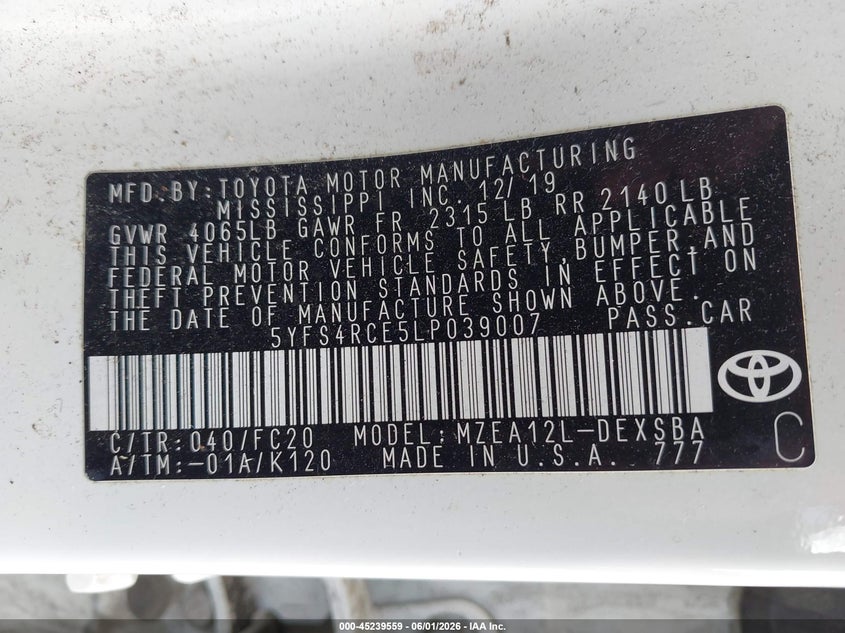2020 Toyota Corolla VIN 5YFS4RCE5LP039007 IAAI salvage auction — FRONT END, Salvage (Massachusetts), sold $3,500 on 2026-07-27 (photo 9)