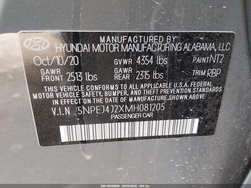 2021 Hyundai Sonata VIN 5NPEJ4J2XMH081205 IAAI salvage auction — LEFT REAR, Salvage Title, sold $5,150 on 2026-07-07 (photo 9)