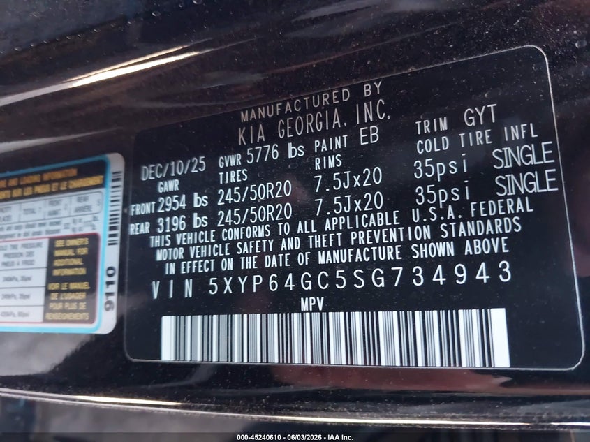 2025 Kia Telluride VIN 5XYP64GC5SG734943 IAAI salvage auction — FRONT END, Salvage (Arizona), sold $11,675 on 2026-07-28 (photo 9)