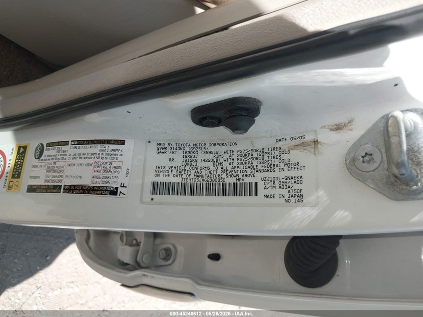 2006 Toyota Land cruiser VIN JTEHT05JX62080850 IAAI salvage auction — REAR END, Salvage (Illinois), sold $5,300 on 2026-07-16 (photo 9)