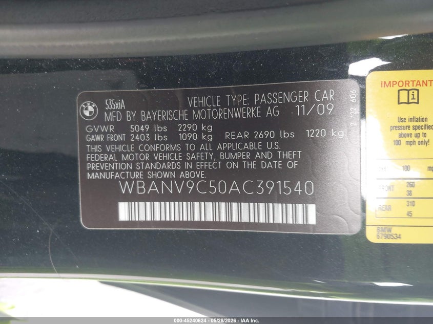 2010 BMW 5 series VIN WBANV9C50AC391540 IAAI salvage auction — NORMAL WEAR, Clear (New York), sold $350 on 2026-07-06 (photo 9)