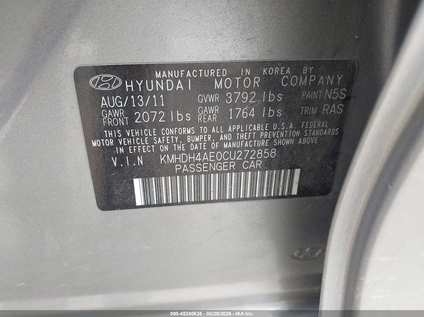 2012 Hyundai Elantra VIN KMHDH4AE0CU272858 IAAI salvage auction — REAR END, Salvage (Texas), sold $1,600 on 2026-07-25 (photo 9)