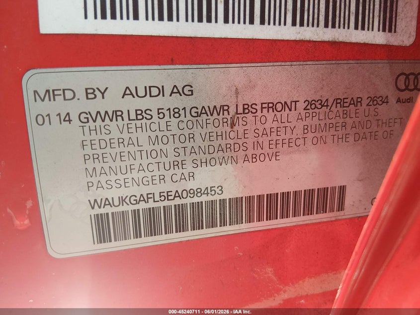 2014 Audi S4 VIN WAUKGAFL5EA098453 IAAI salvage auction — FRONT & REAR, Salvage Title, sold $750 on 2026-07-15 (photo 9)