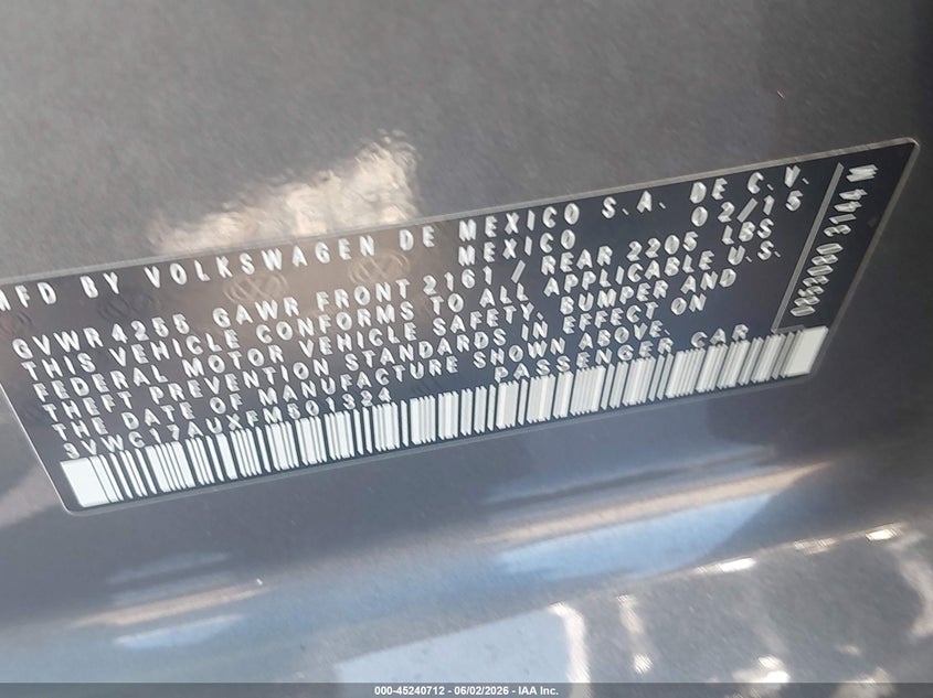2015 Volkswagen Golf sportsvan VIN 3VWC17AUXFM501324 IAAI salvage auction — NORMAL WEAR, Salvage Title, sold $325 on 2026-07-20 (photo 9)