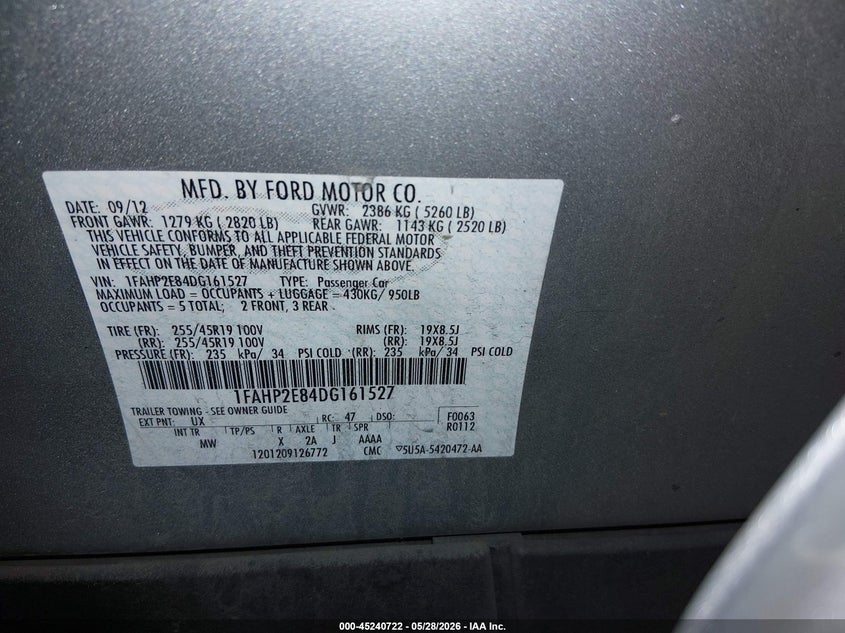 2013 Ford Taurus VIN 1FAHP2E84DG161527 IAAI salvage auction — FRONT END, Salvage Title, sold $550 on 2026-07-30 (photo 9)