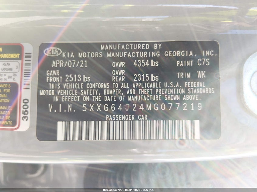 2021 Kia K5 VIN 5XXG64J24MG077219 IAAI salvage auction — FRONT END, Salvage Title, sold $5,800 on 2026-07-14 (photo 9)