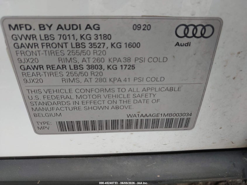 2021 Audi E-tron VIN WA1AAAGE1MB003034 IAAI salvage auction — SIDE, Salvage (Minnesota), sold $8,300 on 2026-07-31 (photo 9)