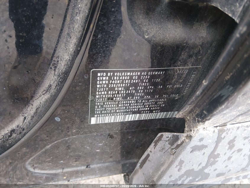 2014 Volkswagen Tiguan VIN WVGBV3AX7EW553171 IAAI salvage auction — NORMAL WEAR, Clear (Colorado), sold $1,100 on 2026-07-14 (photo 9)