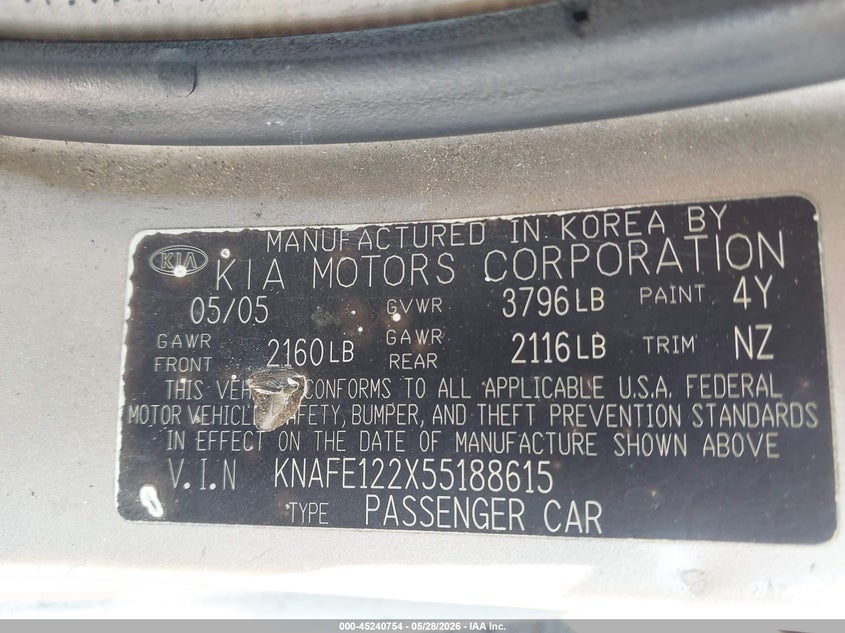 2005 Kia Spectra VIN KNAFE122X55188615 IAAI salvage auction — LEFT & RIGHT, Original (Texas), sold $550 on 2026-07-15 (photo 9)