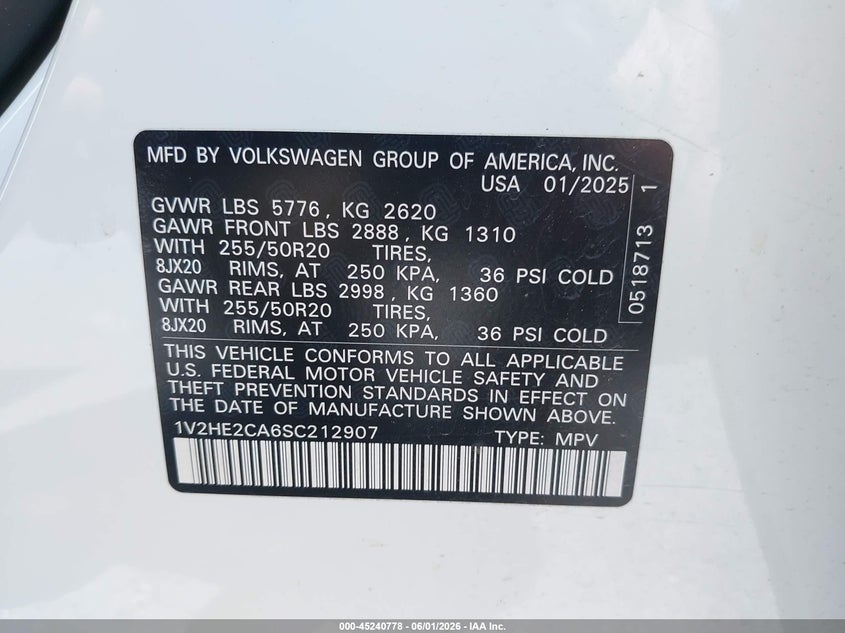 2025 Volkswagen Atlas cross sport VIN 1V2HE2CA6SC212907 IAAI salvage auction — REAR END, Salvage Title, sold $15,900 on 2026-07-15 (photo 9)
