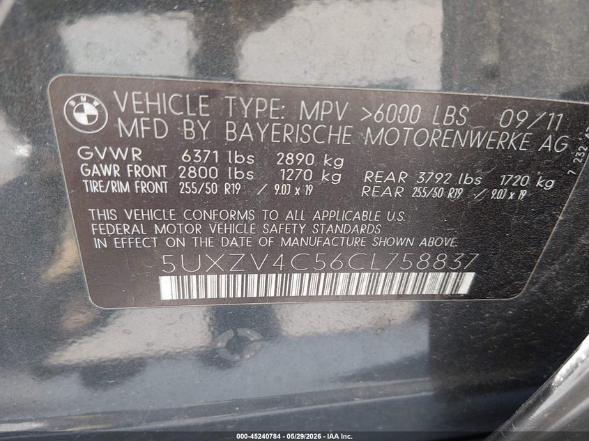 2012 BMW X5 VIN 5UXZV4C56CL758837 IAAI salvage auction — FRONT END, Salvage Title, sold $1,200 on 2026-07-15 (photo 9)