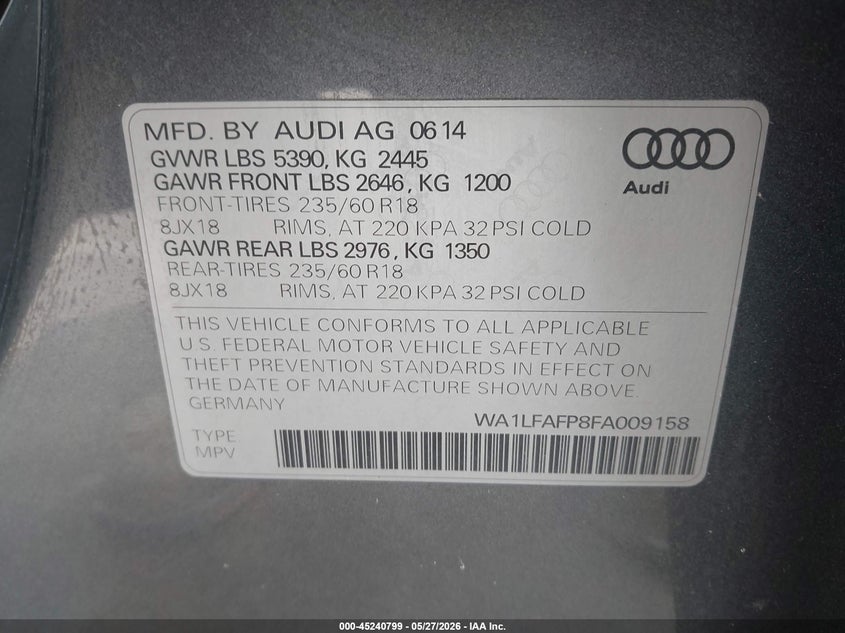 2015 Audi Q5 VIN WA1LFAFP8FA009158 IAAI salvage auction — MECHANICAL, Certificate Of Title (Nebraska), sold $1,000 on 2026-07-16 (photo 9)