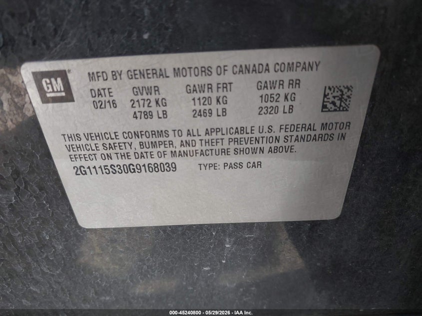 2016 Chevrolet Impala VIN 2G1115S30G9168039 IAAI salvage auction — REAR END, Original (Texas), sold $50 on 2026-07-09 (photo 9)