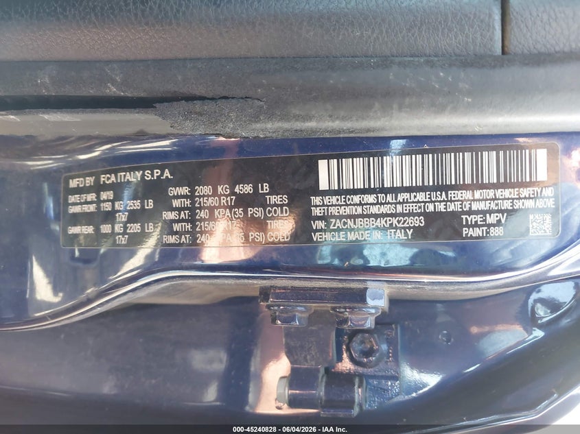 2019 Jeep Renegade VIN ZACNJBBB4KPK22693 IAAI salvage auction — RIGHT SIDE, Clear (Michigan), sold $2,675 on 2026-07-29 (photo 9)