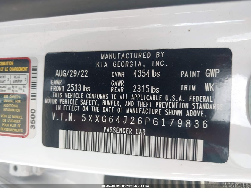 2023 Kia K5 VIN 5XXG64J26PG179836 IAAI salvage auction — RIGHT FRONT, Salvage Title, sold $5,050 on 2026-07-21 (photo 9)