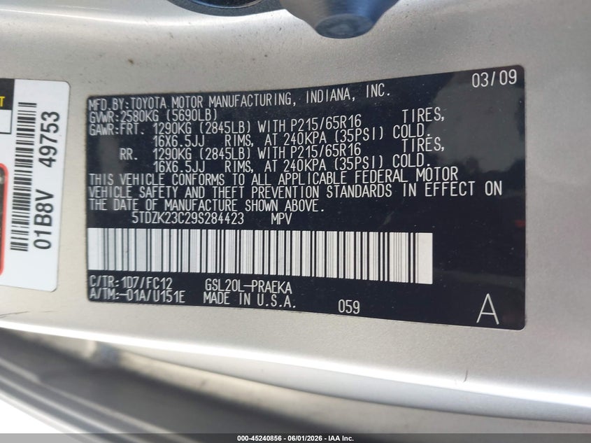 2009 Toyota Sienna VIN 5TDZK23C29S284423 IAAI salvage auction — NORMAL WEAR, Clear - Dealer Only (California), sold $900 on 2026-07-06 (photo 9)