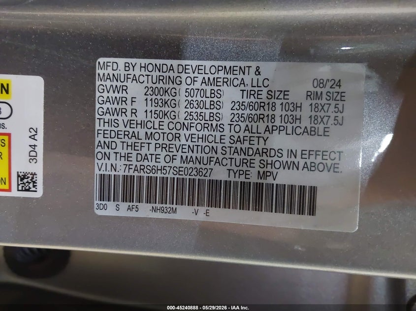 2025 Honda Cr-v VIN 7FARS6H57SE023627 IAAI salvage auction — FRONT END, Salvage Title, sold $10,000 on 2026-07-12 (photo 9)