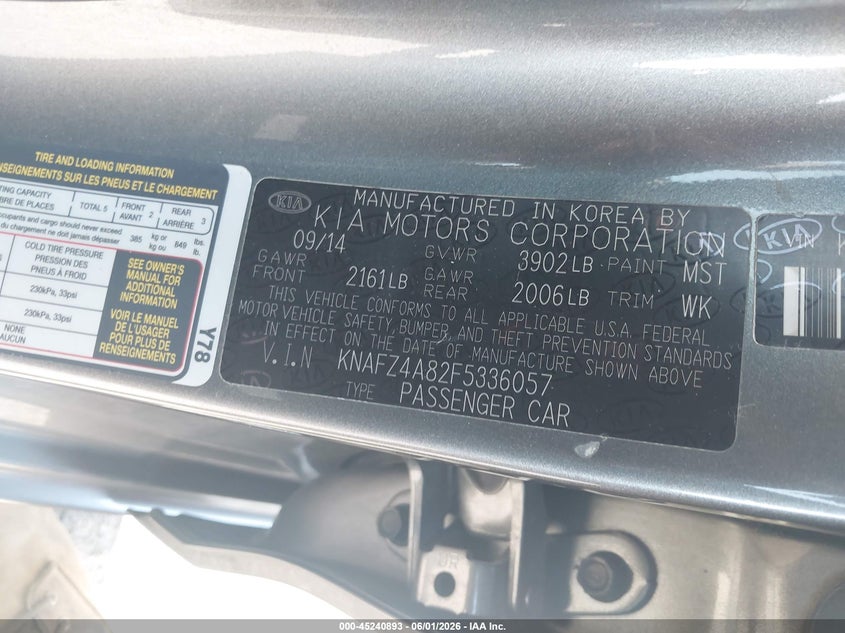 2015 Kia Forte VIN KNAFZ4A82F5336057 IAAI salvage auction — LEFT FRONT, Salvage Title, sold $650 on 2026-07-18 (photo 9)
