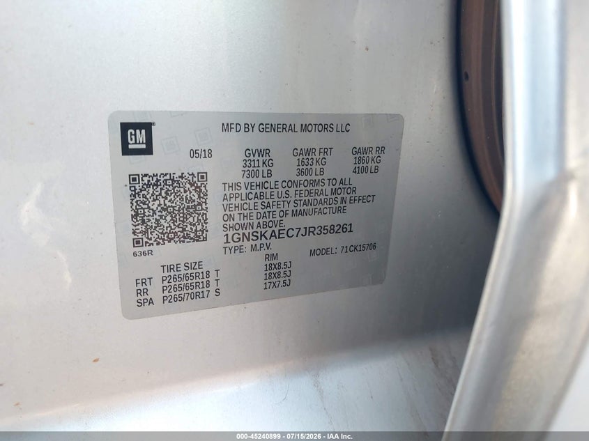 2018 Chevrolet Tahoe VIN 1GNSKAEC7JR358261 IAAI salvage auction — NORMAL WEAR, Sf97 (Hawaii), sold $15,200 on 2026-07-28 (photo 9)