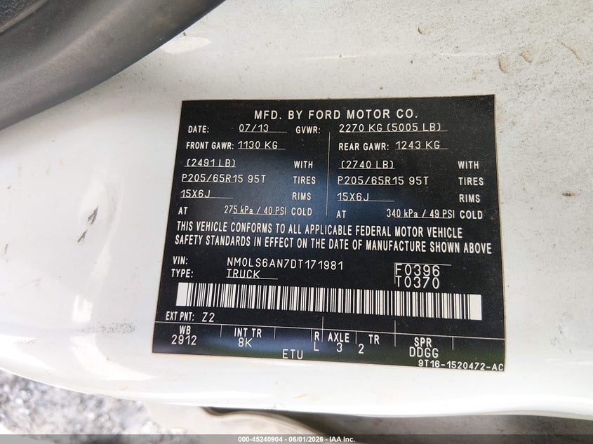 2013 Ford Transit VIN NM0LS6AN7DT171981 IAAI salvage auction — REAR END, Salvage Title, sold $275 on 2026-07-24 (photo 9)