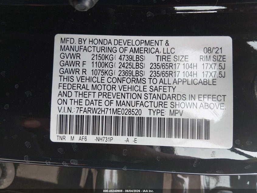 2021 Honda Cr-v VIN 7FARW2H71ME028520 IAAI salvage auction — RIGHT REAR, Salvage Title, sold $7,000 on 2026-07-29 (photo 9)