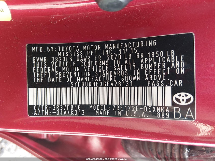 2016 Toyota Corolla VIN 5YFBURHE3GP428131 IAAI salvage auction — FRONT END, Salvage Title, sold $125 on 2026-07-21 (photo 9)