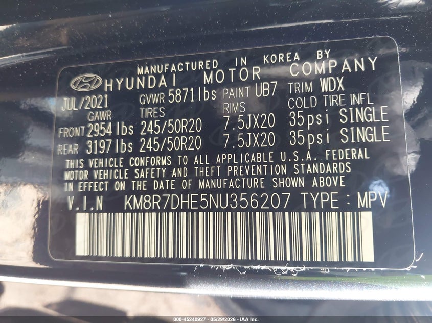 2022 Hyundai Palisade VIN KM8R7DHE5NU356207 IAAI salvage auction — FRONT END, Salvage (North Carolina), sold $9,500 on 2026-07-13 (photo 9)
