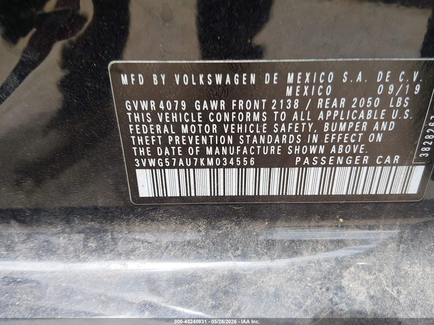 2019 Volkswagen Golf VIN 3VWG57AU7KM034556 IAAI salvage auction — RIGHT FRONT, Salvage Title, sold $3,650 on 2026-07-11 (photo 9)