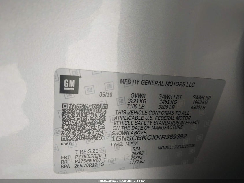2019 Chevrolet Tahoe VIN 1GNSCBKCXKR369392 IAAI salvage auction — SIDE, Salvage Title, sold $7,600 on 2026-07-09 (photo 9)