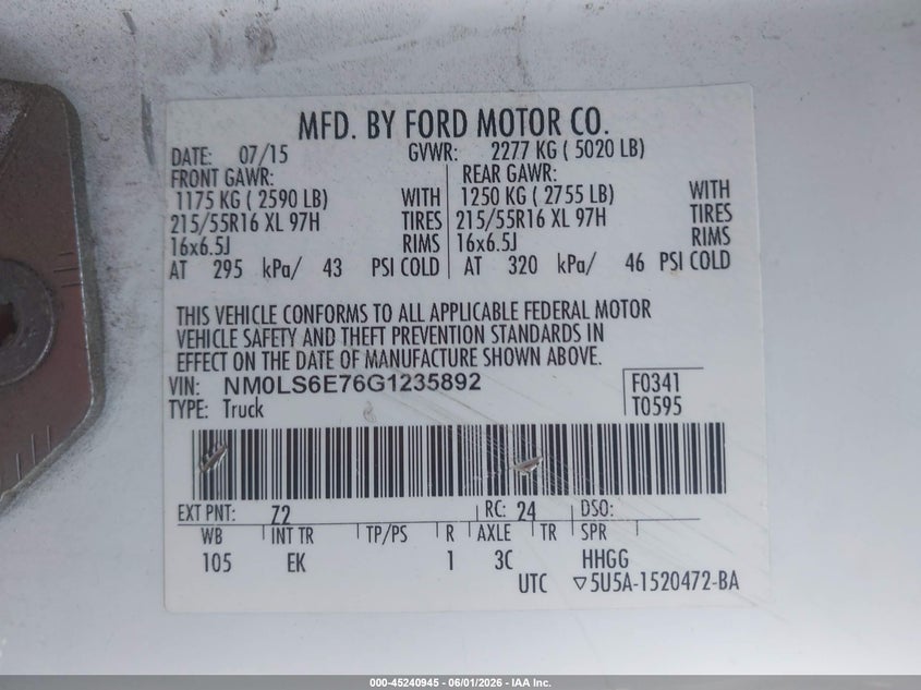 2016 Ford VIN NM0LS6E76G1235892 IAAI salvage auction — FRONT END, Clear (California), sold $800 on 2026-07-13 (photo 9)