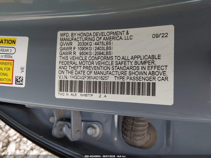 2022 Honda Accord VIN 1HGCV2F36NA018257 IAAI salvage auction — RIGHT FRONT, Salvage (Alabama), sold $8,400 on 2026-07-29 (photo 9)