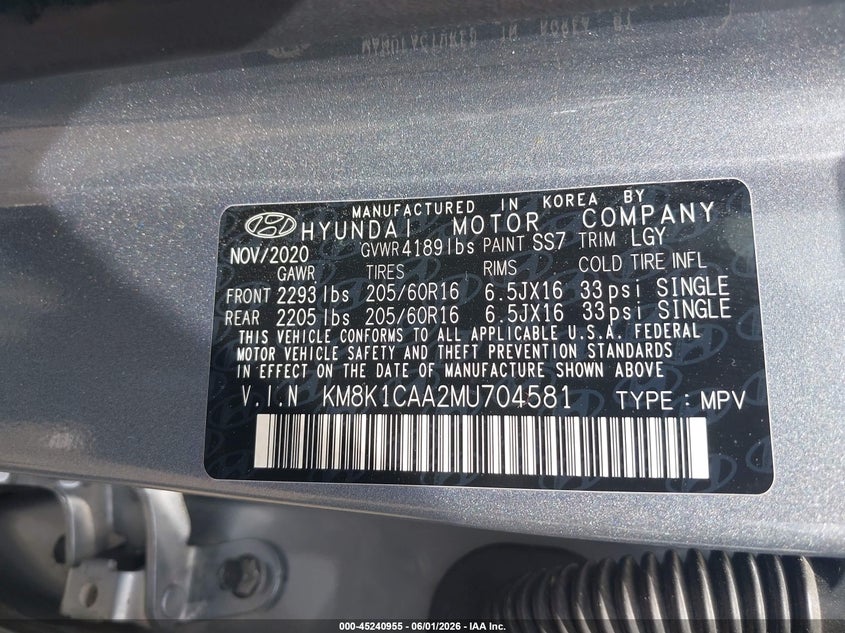 2021 Hyundai Kona VIN KM8K1CAA2MU704581 IAAI salvage auction — LEFT SIDE, Salvage Title, sold $3,250 on 2026-07-14 (photo 9)