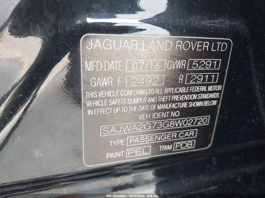 2016 Jaguar Xj VIN SAJWA2G73G8W02720 IAAI salvage auction — FRONT END, Salvage Title, sold $6,150 on 2026-07-06 (photo 9)