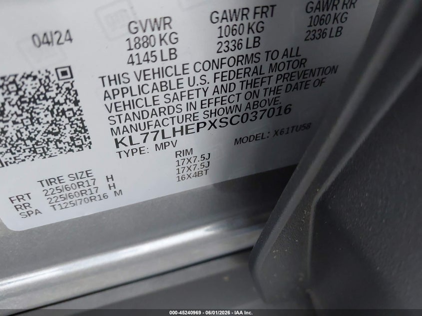 2025 Chevrolet Trax VIN KL77LHEPXSC037016 IAAI salvage auction — FRONT & REAR, Salvage Title, sold $3,450 on 2026-07-17 (photo 9)