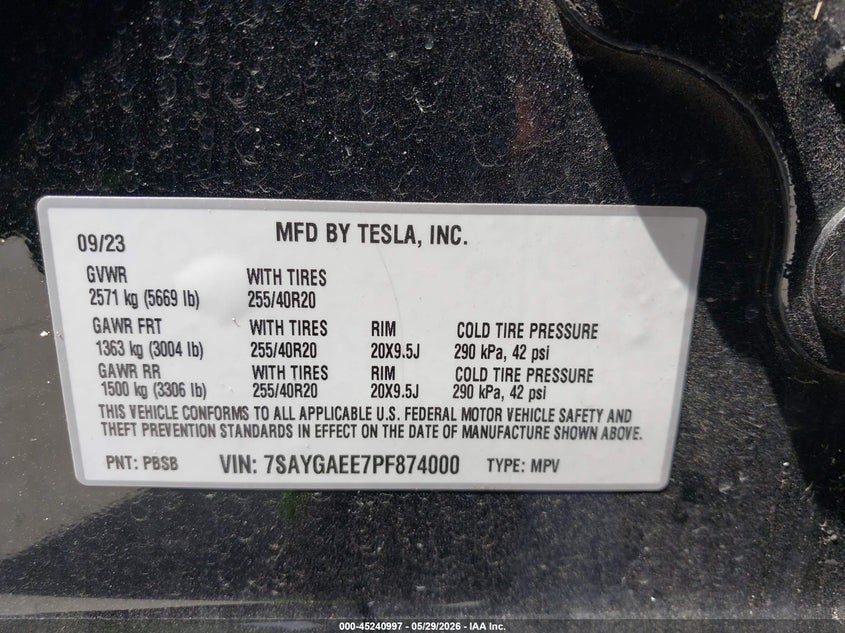 2023 Tesla Model y VIN 7SAYGAEE7PF874000 IAAI salvage auction — RIGHT SIDE, Salvage Title, sold $4,550 on 2026-07-22 (photo 9)