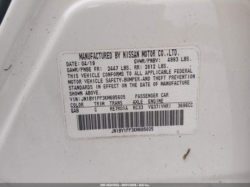 2019 Infiniti Q70 VIN JN1BY1PP3KM685605 IAAI salvage auction — BIOHAZARD/CHEMICAL, Salvage Title, sold $225 on 2026-09-03 (photo 9)