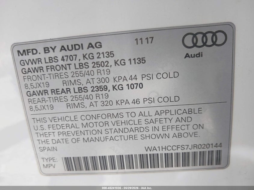 2018 Audi Q3 VIN WA1HCCFS7JR020144 IAAI salvage auction — FRONT END, Salvage Title, sold $25 on 2026-07-30 (photo 9)