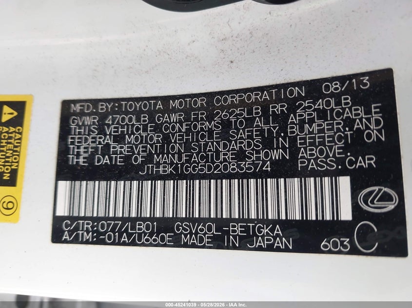 2013 Lexus VIN JTHBK1GG5D2083574 IAAI salvage auction — FRONT END, Salvage Title, sold $4,200 on 2026-07-13 (photo 9)