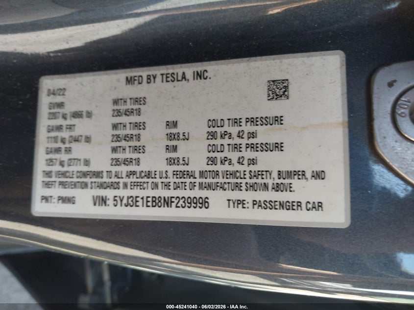 2022 Tesla Model 3 VIN 5YJ3E1EB8NF239996 IAAI salvage auction — LEFT FRONT, Salvage - Greater Than 75% (Maryland), sold $5,100 on 2026-07-30 (photo 9)