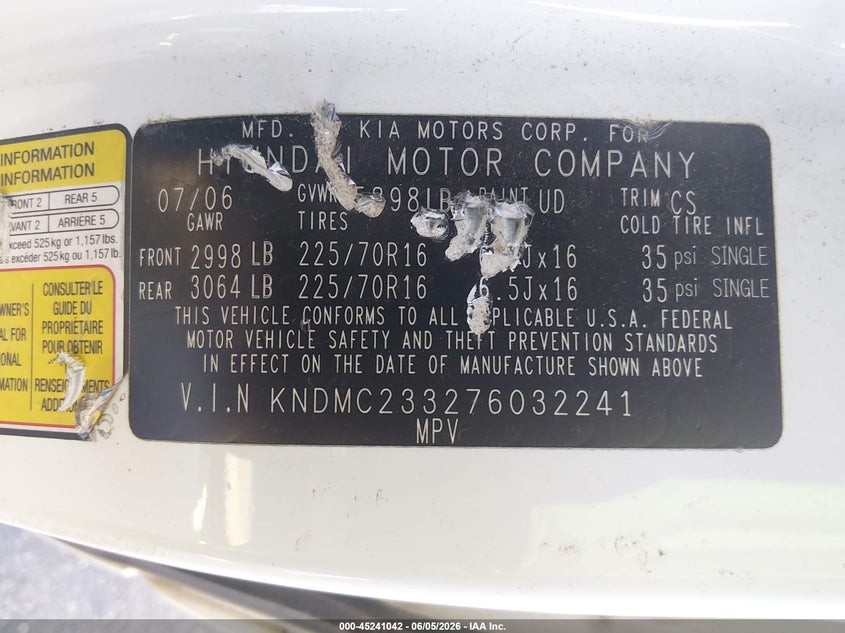 2007 Hyundai Entourage VIN KNDMC233276032241 IAAI salvage auction — LEFT FRONT, Salvage (South Carolina), sold $225 on 2026-07-22 (photo 9)