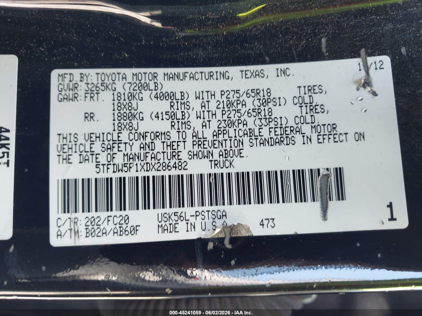 2013 Toyota Tundra VIN 5TFDW5F1XDX286482 IAAI salvage auction — FRONT END, Salvage Title, sold $3,100 on 2026-07-17 (photo 9)