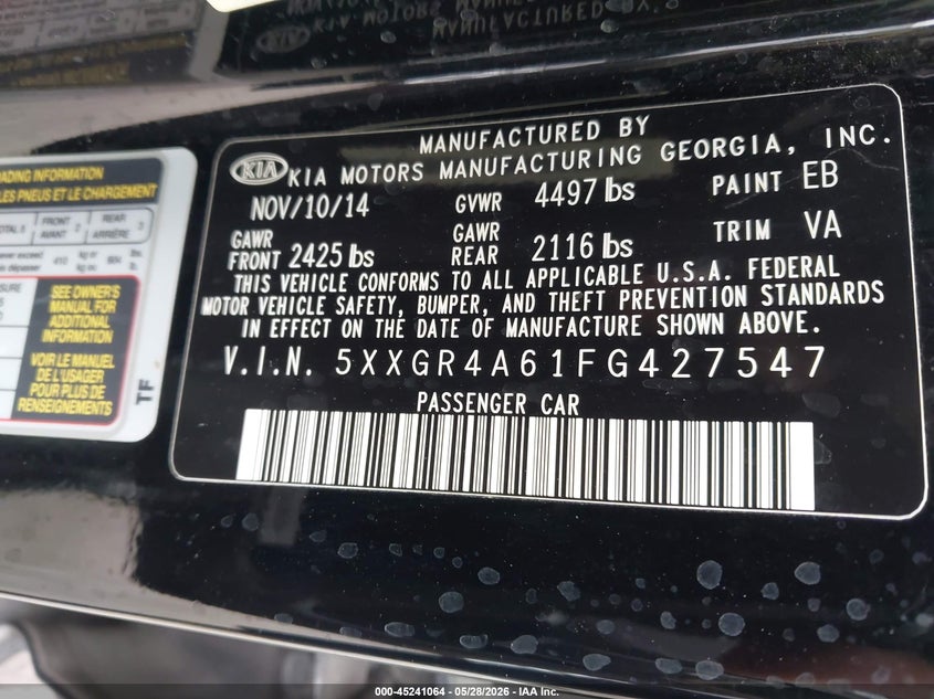 2015 Kia Optima VIN 5XXGR4A61FG427547 IAAI salvage auction — ENGINE BURN, Salvage Title, sold $100 on 2026-07-23 (photo 9)