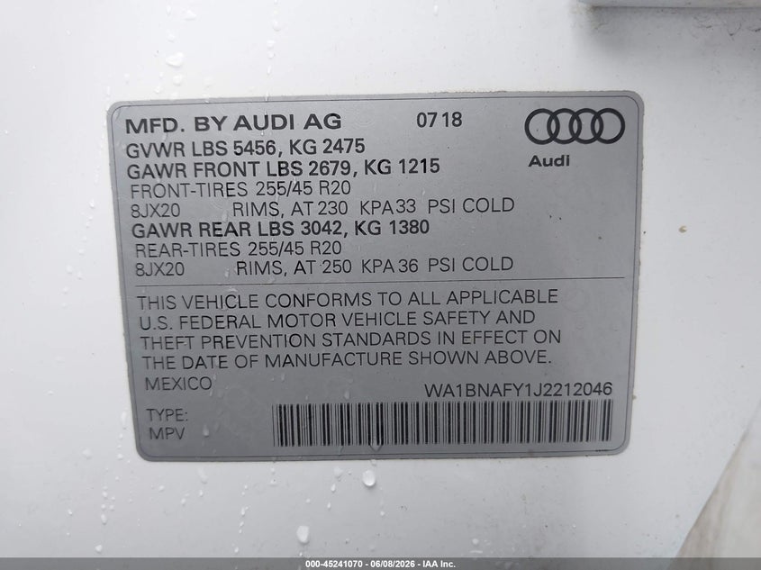2018 Audi Q5 VIN WA1BNAFY1J2212046 IAAI salvage auction — REAR END, Salvage Title, sold $8,200 on 2026-07-22 (photo 9)