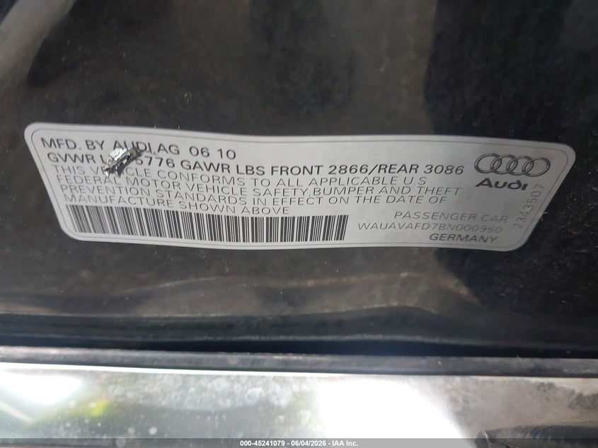 2011 Audi A8 VIN WAUAVAFD7BN000960 IAAI salvage auction — LEFT SIDE, Salvage (Louisiana), sold $850 on 2026-07-28 (photo 9)