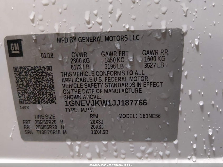 2018 Chevrolet Traverse VIN 1GNEVJKW1JJ187766 IAAI salvage auction — FRONT END, Salvage Title, sold $3,600 on 2026-07-24 (photo 9)