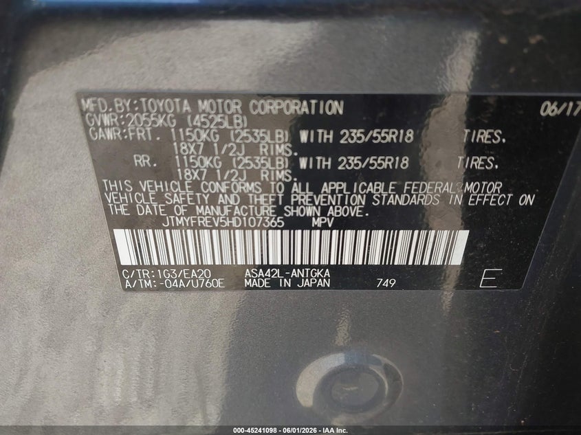 2017 Toyota Rav 4 VIN JTMYFREV5HD107365 IAAI salvage auction — FRONT END, Salvage Title, sold $3,000 on 2026-07-21 (photo 9)