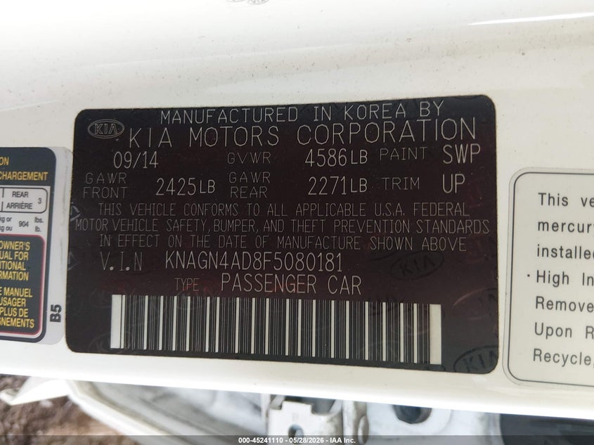 2015 Kia Optima VIN KNAGN4AD8F5080181 IAAI salvage auction — SUSPENSION, Salvage Title, sold $1,000 on 2026-07-14 (photo 9)