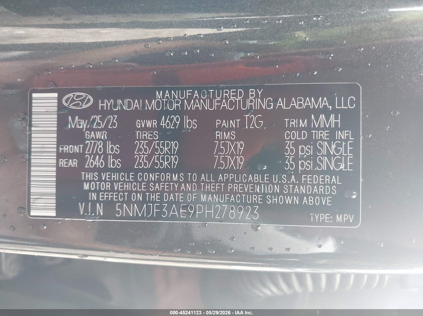 2023 Hyundai Tucson VIN 5NMJF3AE9PH278923 IAAI salvage auction — LEFT & RIGHT, Salvage Title, sold $3,750 on 2026-08-29 (photo 9)