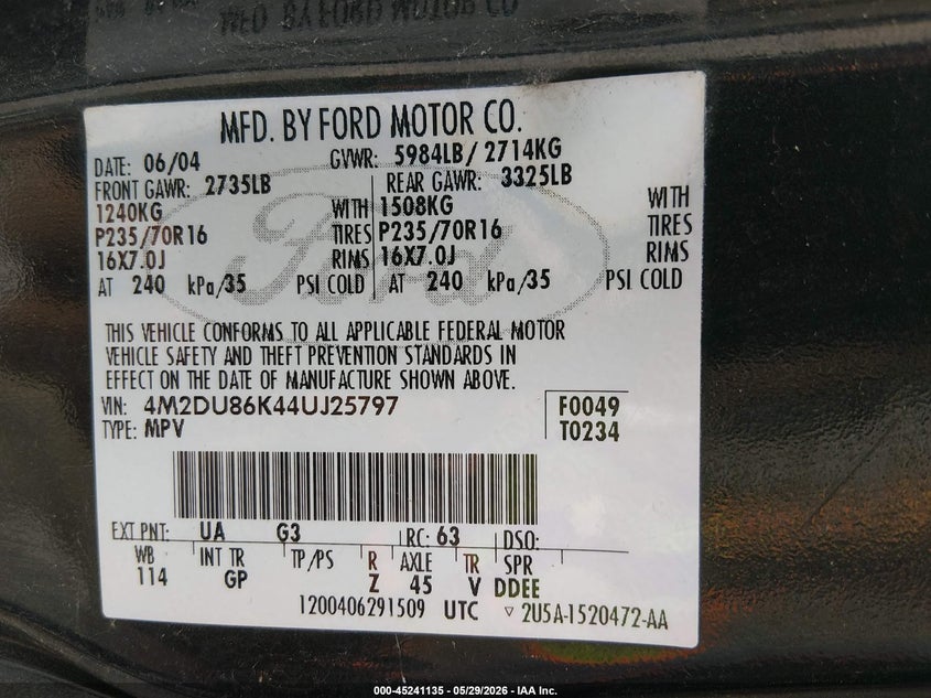 2004 Mercury Mountaineer VIN 4M2DU86K44UJ25797 IAAI salvage auction — FRONT & REAR, Salvage (Iowa), sold $500 on 2026-07-21 (photo 9)