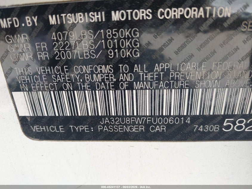2015 Mitsubishi Lancer VIN JA32U8FW7FU006014 IAAI salvage auction — RIGHT REAR, Salvage (California), sold $575 on 2026-07-29 (photo 9)